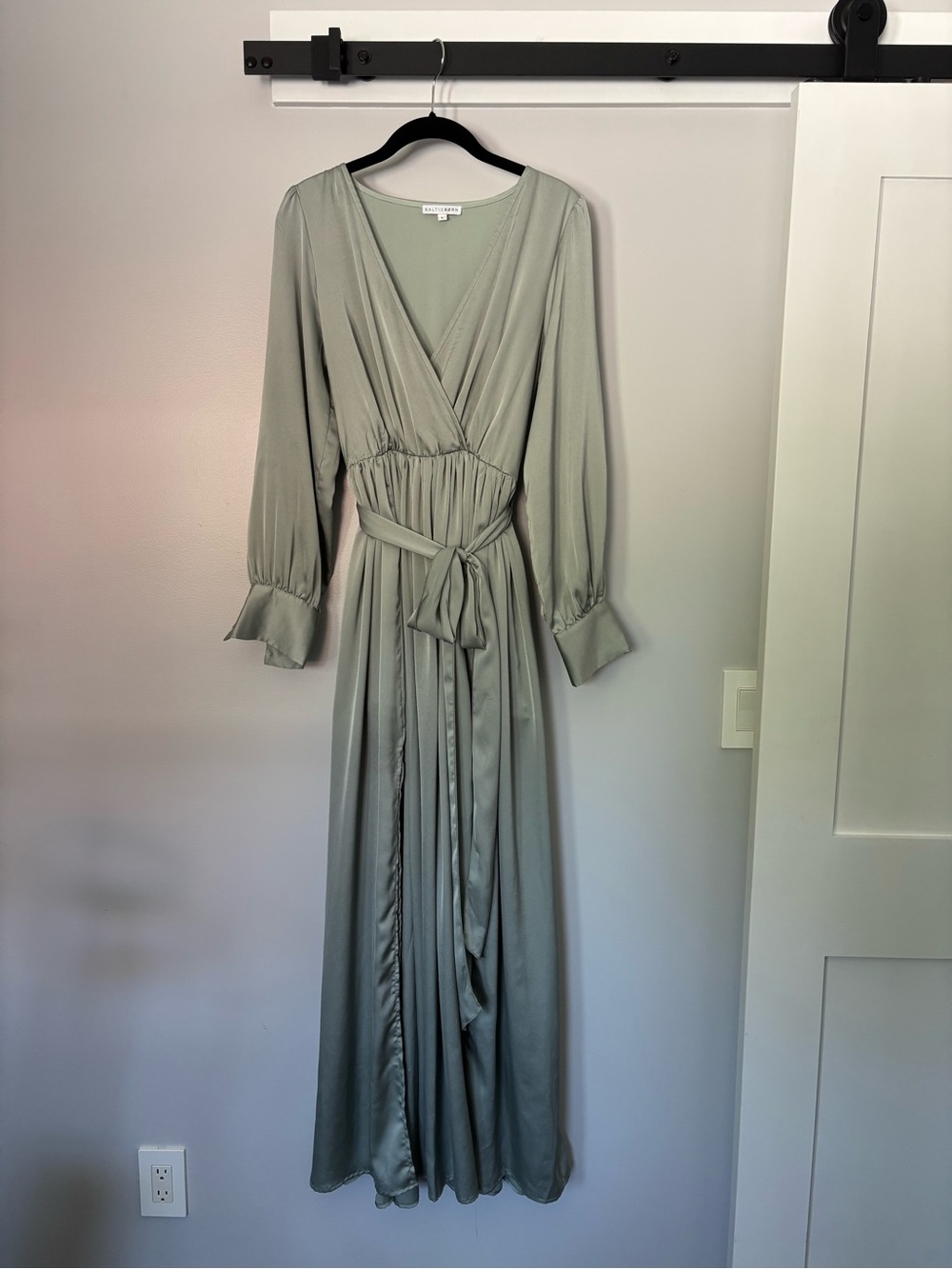 Baltic Born Sage Green Satin Wrap Maxi Dress with Waist Tie